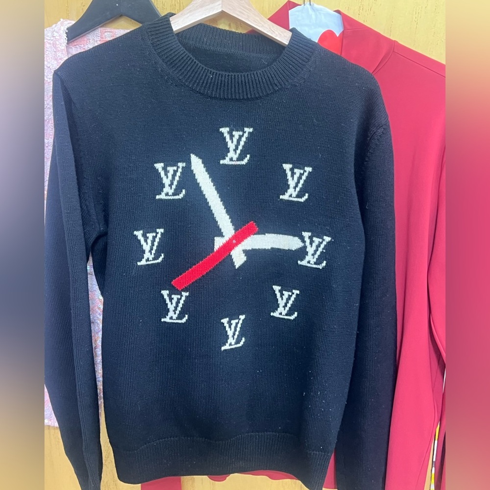 Louis Vuitton 2022 Wool Black and White Knit Sweater with Clocks. ( No Neck Tag)